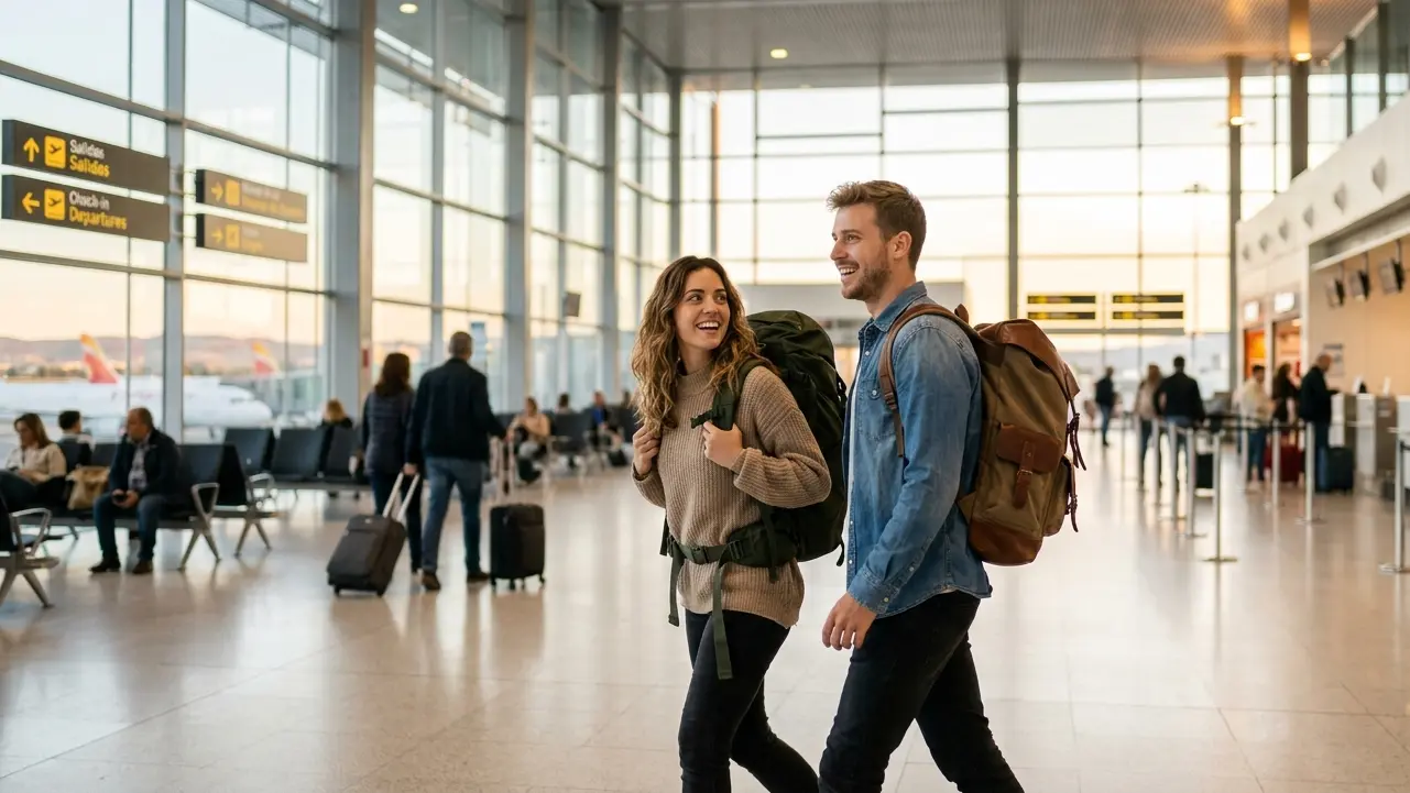 Pareja en el aeropuerto que contrata seguro de viaje en Talavera de la Reina en Seguros Integra