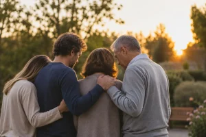 Familia reunida en un entorno tranquilo acompañándose tras la pérdida de un ser querido, representando apoyo y serenidad.