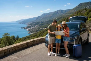 Familia preparando un viaje por carretera en verano junto a su coche, imagen sobre seguridad vial y prevención para viajar con tranquilidad.